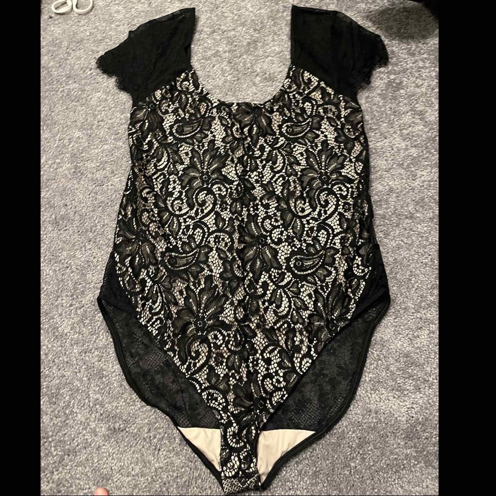 Express black lace bodysuit with beige underlay, beautiful eyelash lace sleeve